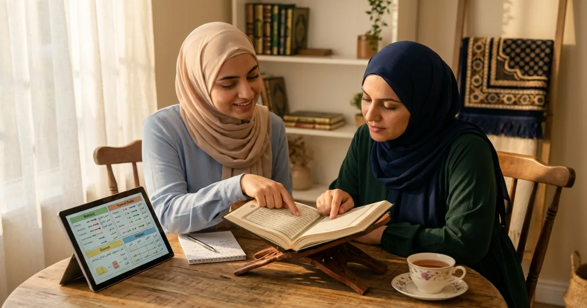 Female Quran teacher conducting a private online Quran lesson for a student in Chicago