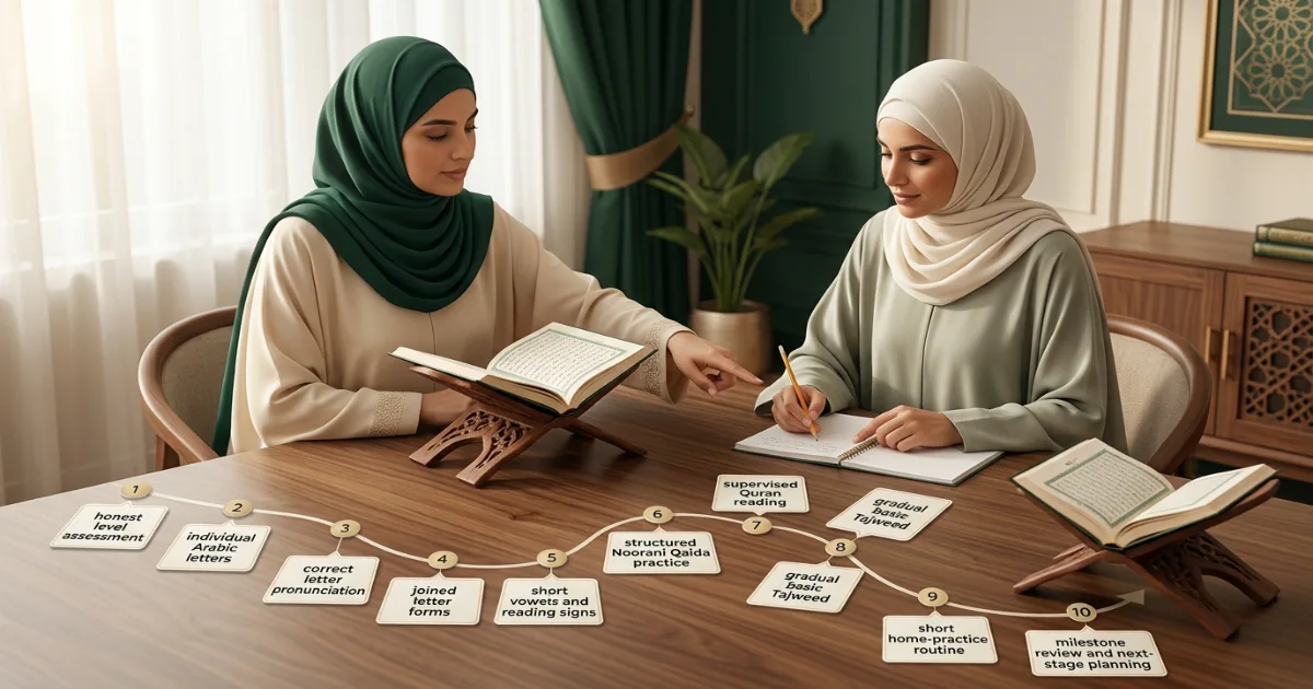Can adults learn Quran online from scratch using a step-by-step roadmap from Arabic letters to Quran reading