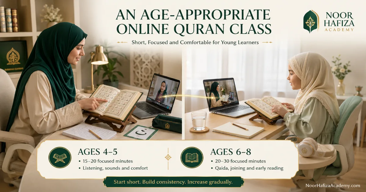 Muslim girl prepared for an age-appropriate online Quran class with a female teacher, Quran, notebook, and quiet desk