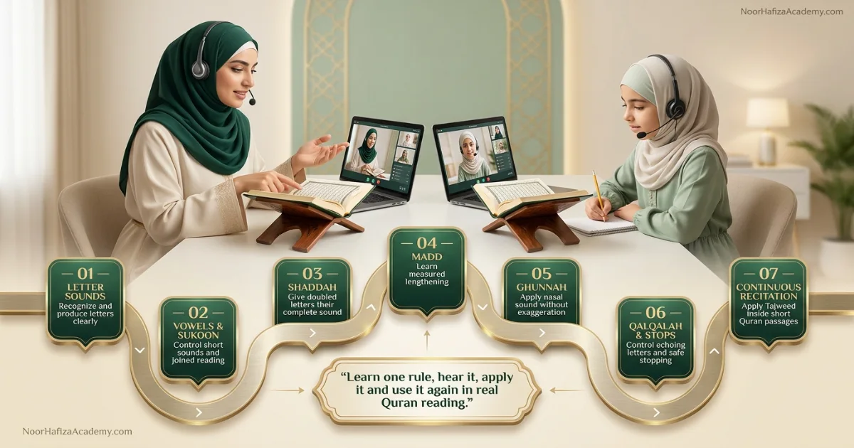 What is Tajweed beginner roadmap from letter sounds and madd to ghunnah stopping and fluent Quran reading