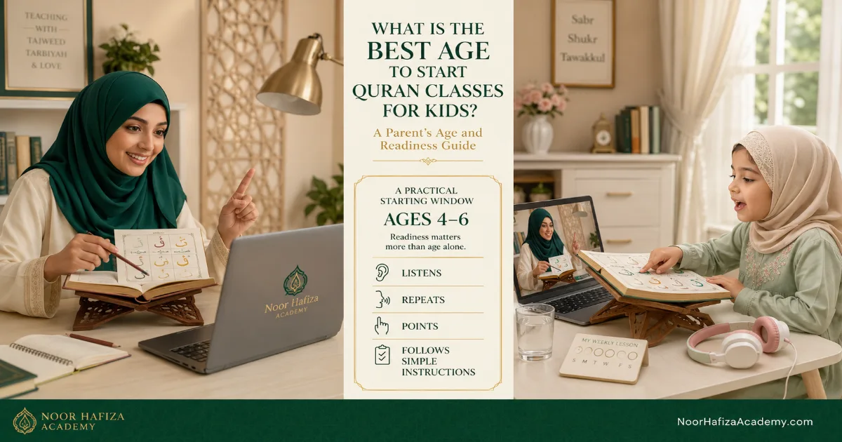 Female Quran teacher introducing Quran learning to a young Muslim girl during an age-appropriate online lesson