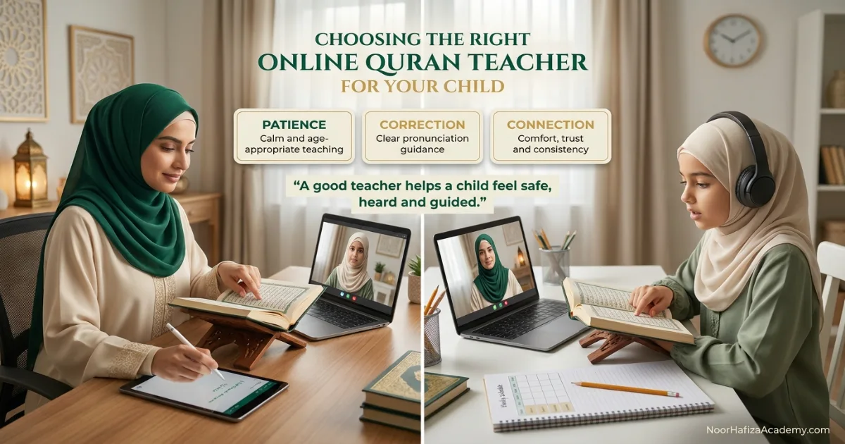 Female Quran teacher actively guiding a Muslim girl during a one-to-one online Quran lesson