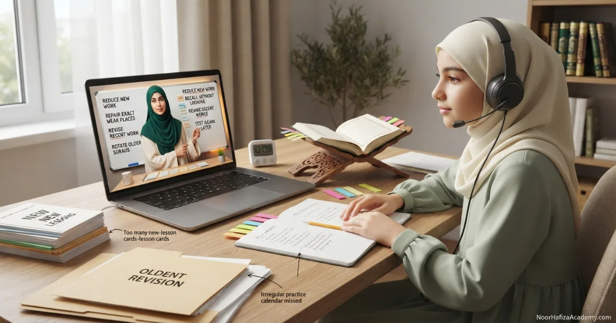 Weekly Quran memorization plan combining new lessons revision teacher testing and a lighter recovery day