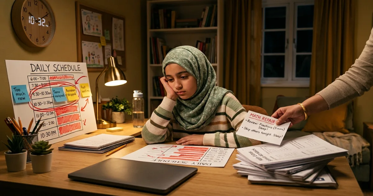 Common school-day Hifz schedule mistakes including too much new work late study and weak revision