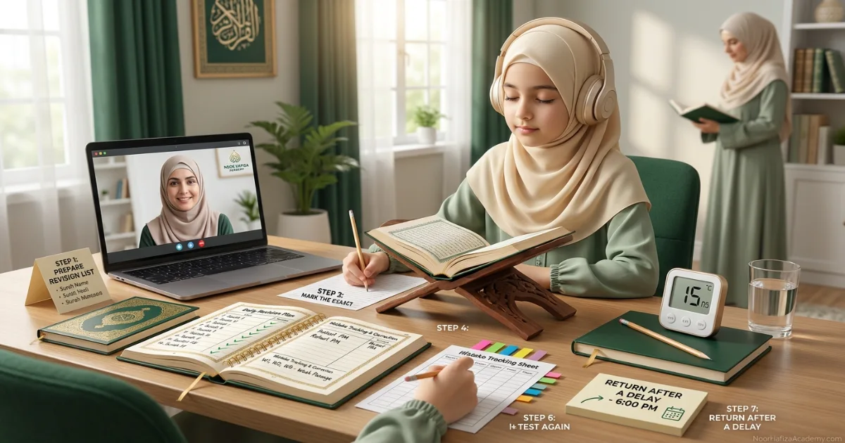 Daily Hifz revision routine using active recall repetition teacher testing and error tracking