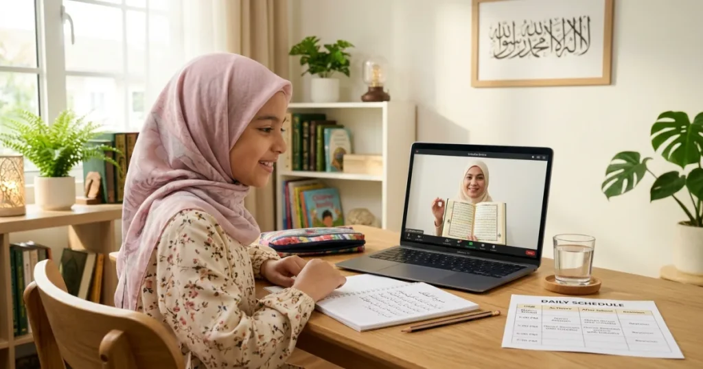 Daily Hifz schedule for kids showing a Muslim girl following a school-friendly Quran memorization routine with a female Quran teacher