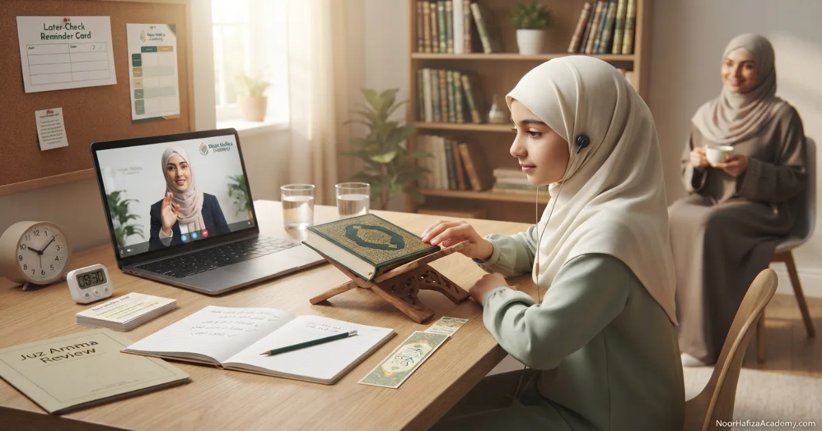 Daily Quran memorization routine with listening reading repetition recall and review
