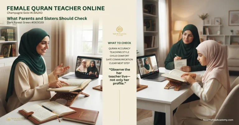 Female Quran teacher online teaching a Muslim girl while her mother observes a safe live trial lesson