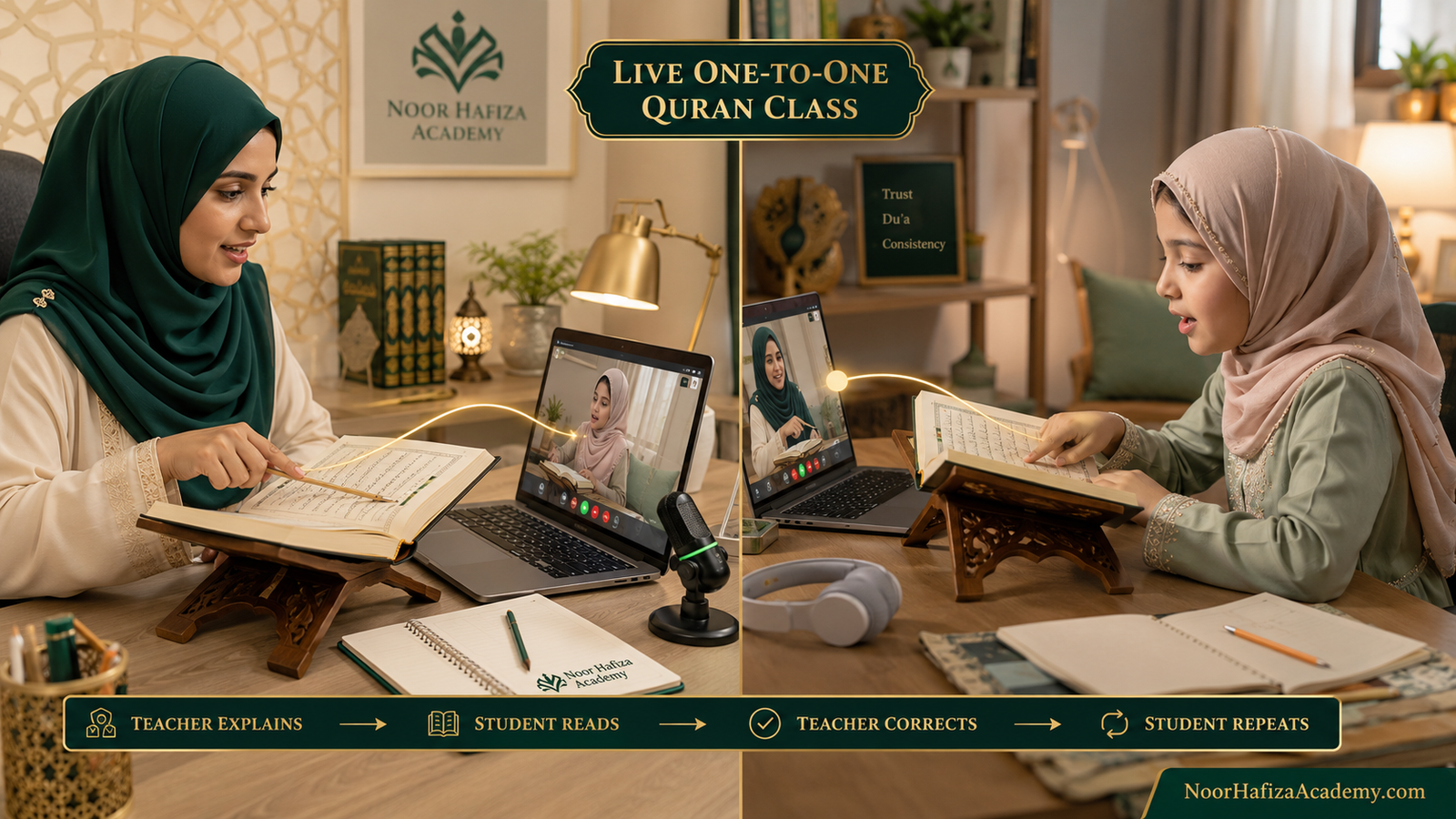 How online Quran classes work for children with a female Quran teacher and parent support