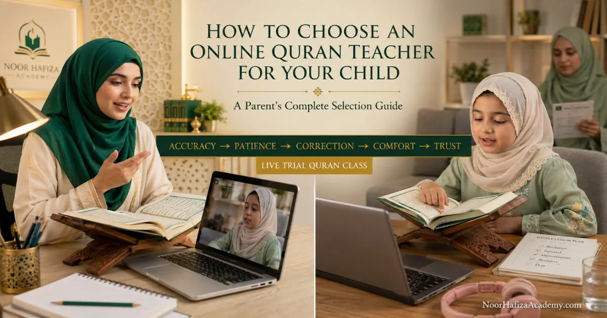 Female Quran teacher actively teaching a Muslim girl during a live online trial lesson