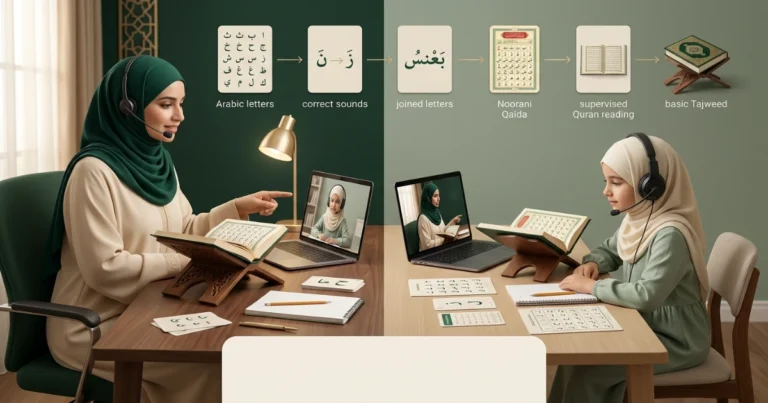 How to learn Quran online for beginners with a female Quran teacher guiding a Muslim girl through a live lesson