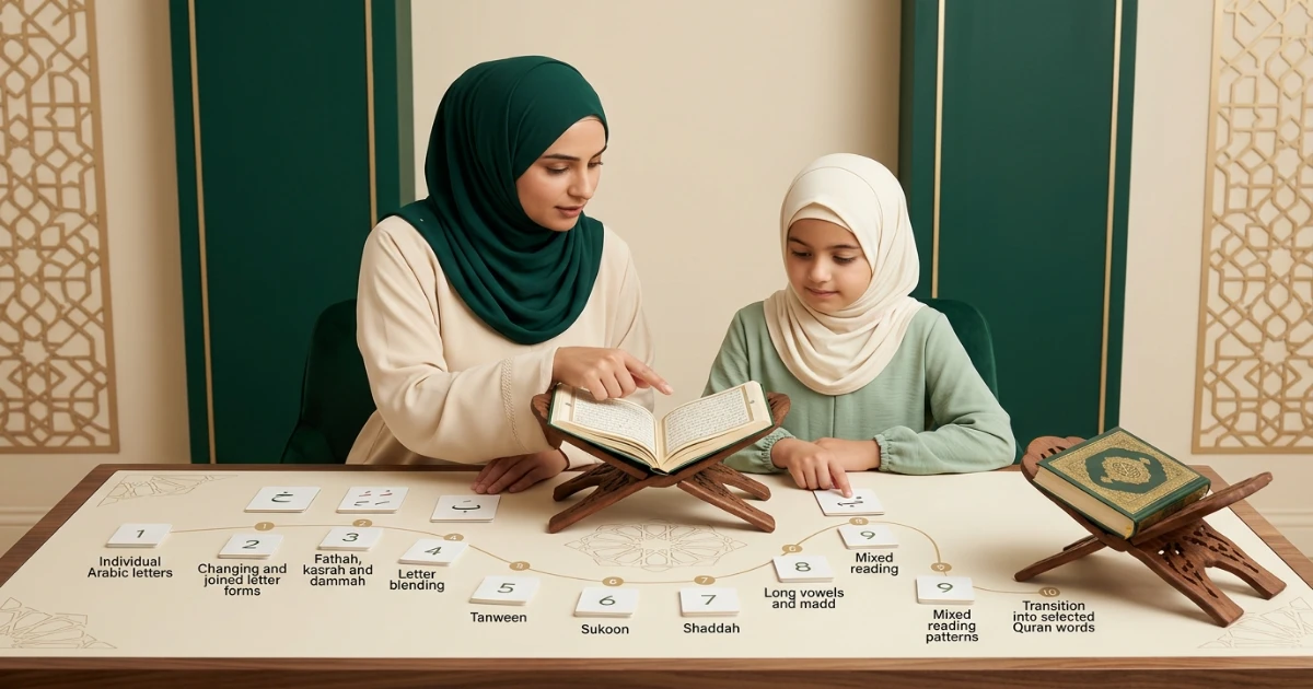 What is Noorani Qaida learning roadmap from Arabic letters and vowels to joined words and Quran reading