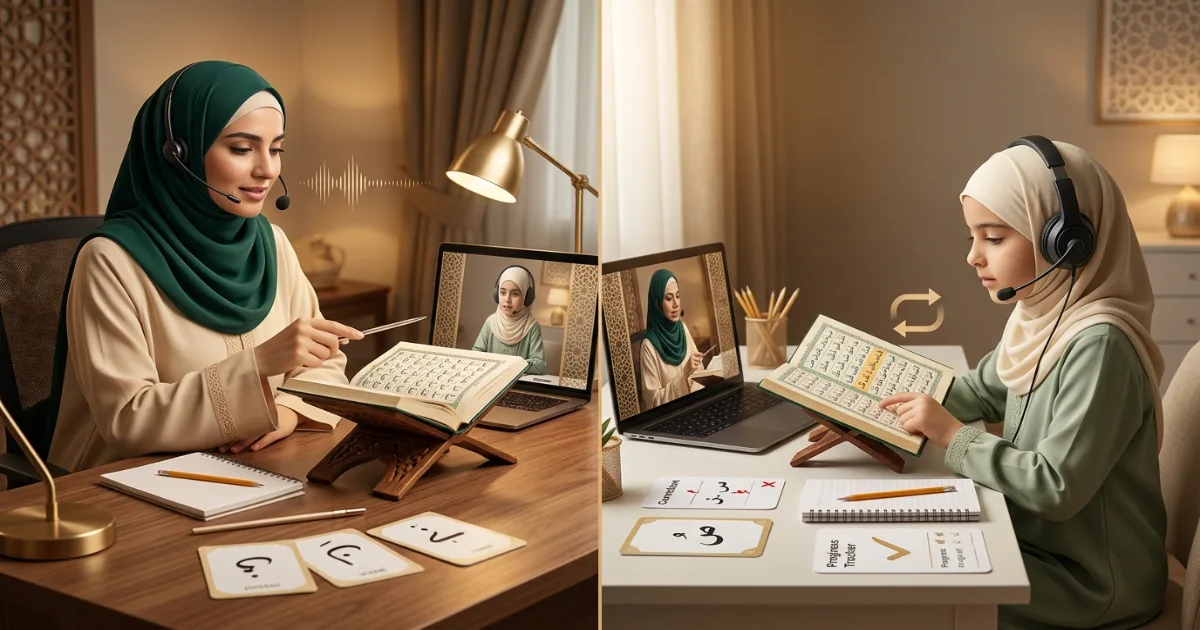 How to learn Quran online for beginners through Noorani Qaida pronunciation practice with a female Quran teacher