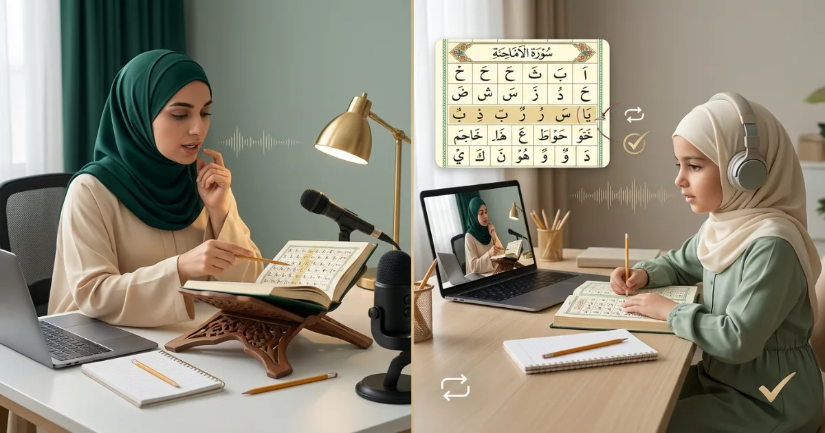 What is Noorani Qaida pronunciation practice with a female Quran teacher correcting Arabic sounds online