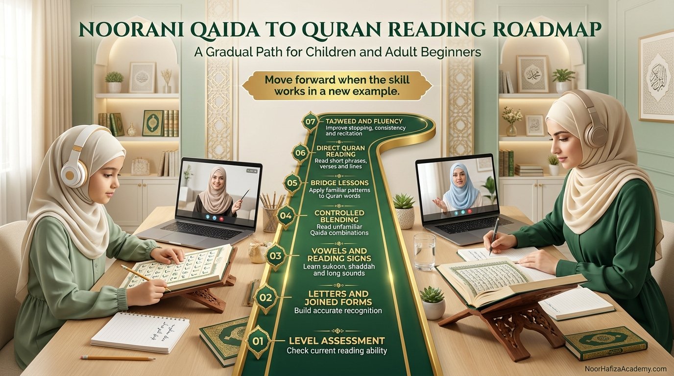 Noorani Qaida to Quran reading roadmap showing a Muslim girl and adult sister practicing with a female Quran teacher online