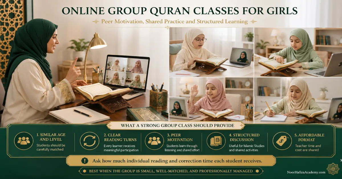 One-to-one vs group Quran classes showing Muslim girls learning together in a structured online group lesson