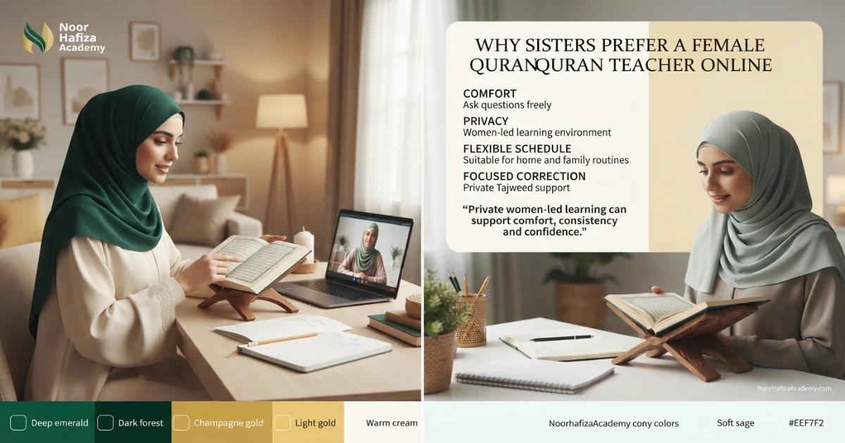 Female Quran teacher online guiding a Muslim woman during a private Quran and Tajweed lesson for sisters