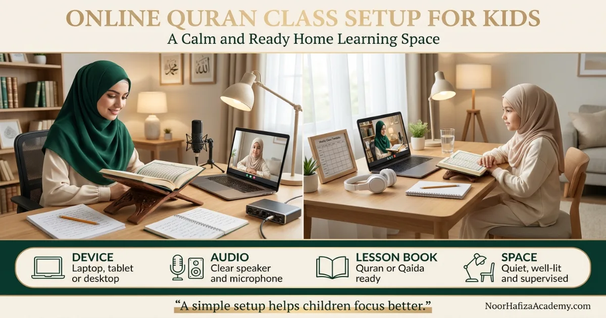 Muslim girl prepared for an online Quran class with a laptop, Quran, notebook, and female teacher