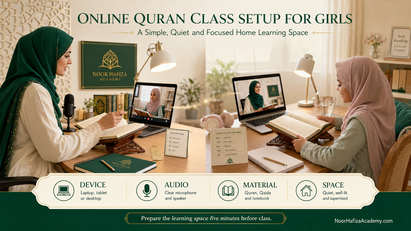 Online Quran class setup for kids using a laptop, Quran, headset, and quiet study space