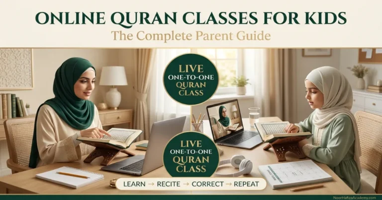 Female Quran teacher teaching a Muslim girl during a live one-to-one online Quran class for kids