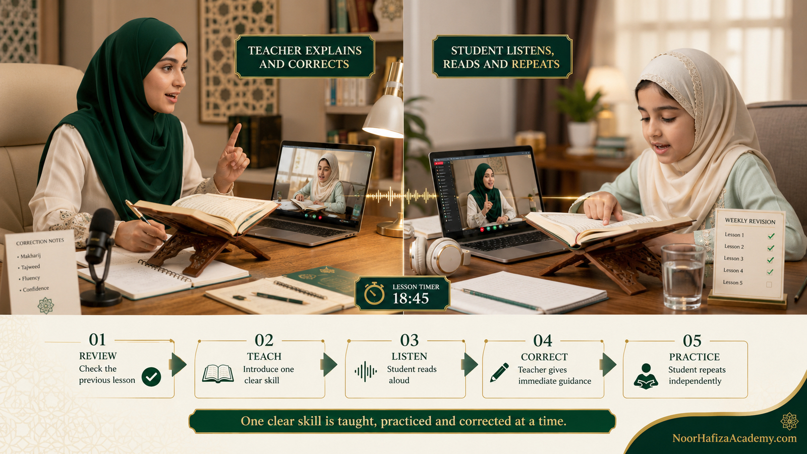 Step-by-step structure of a live online Quran lesson with review, teaching, correction, and practice