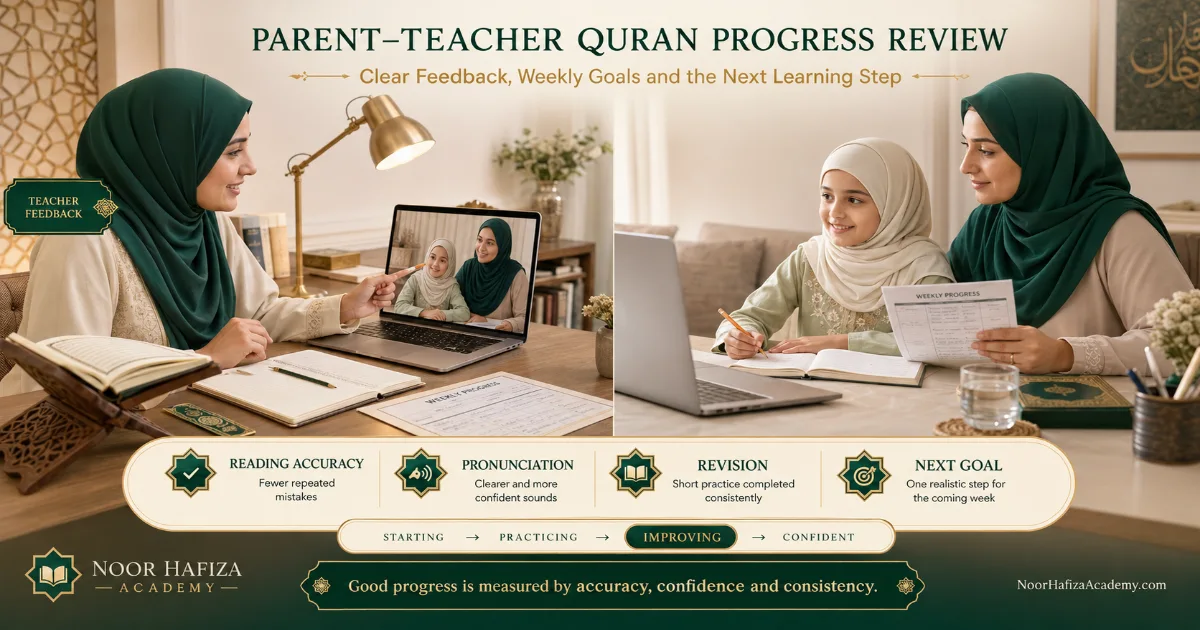 Muslim mother observing a female Quran teacher guide her daughter during an online Quran trial class