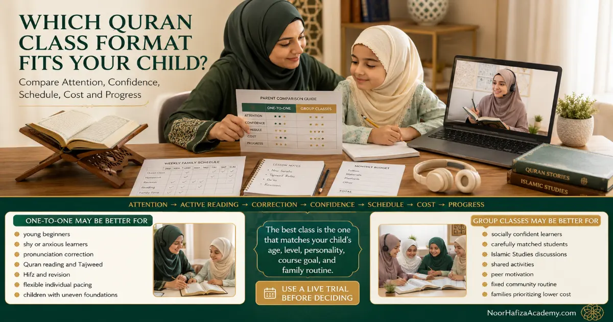 One-to-one vs group Quran classes compared by a Muslim mother using attention, cost, scheduling, and progress criteria