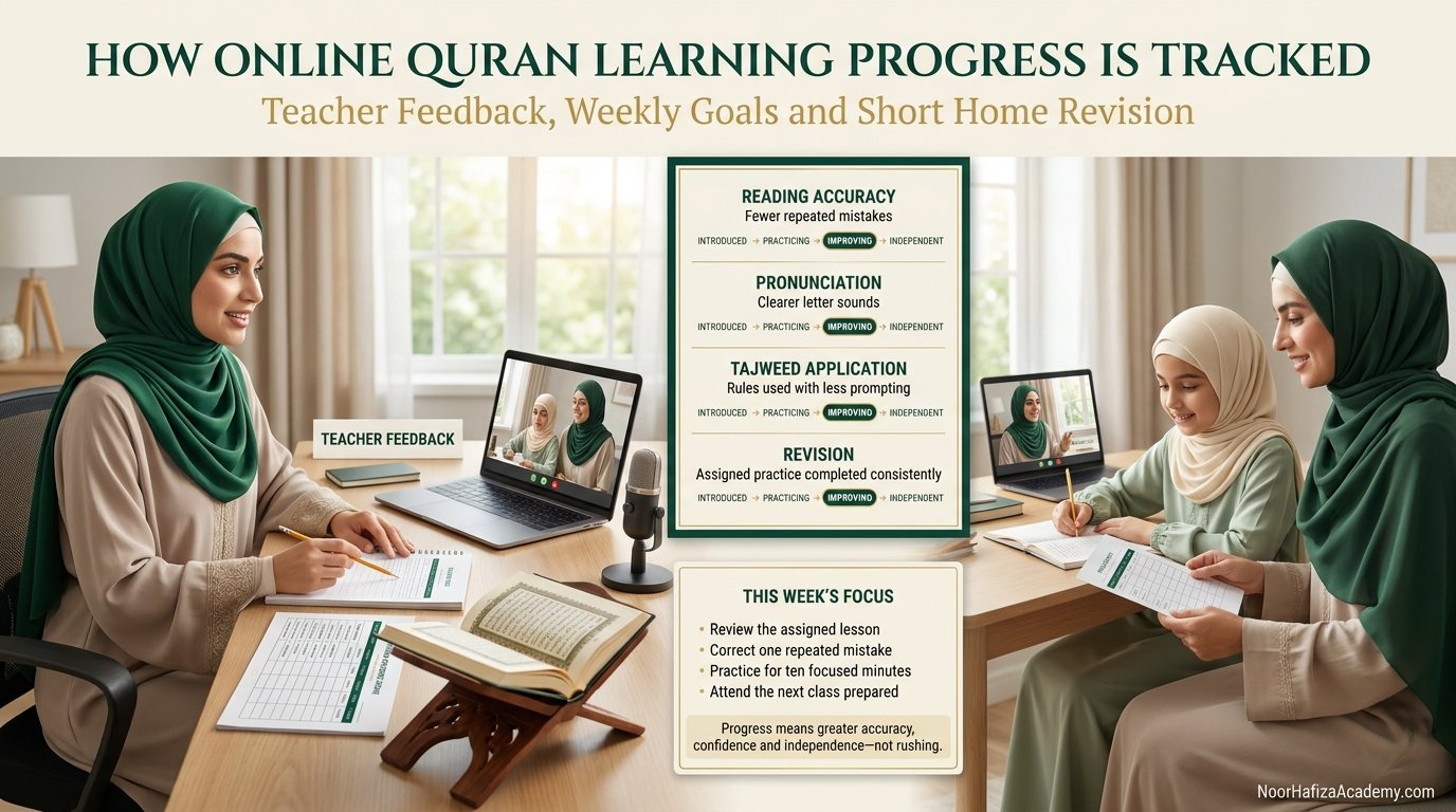 Parent reviewing online Quran class progress and weekly revision goals for a child