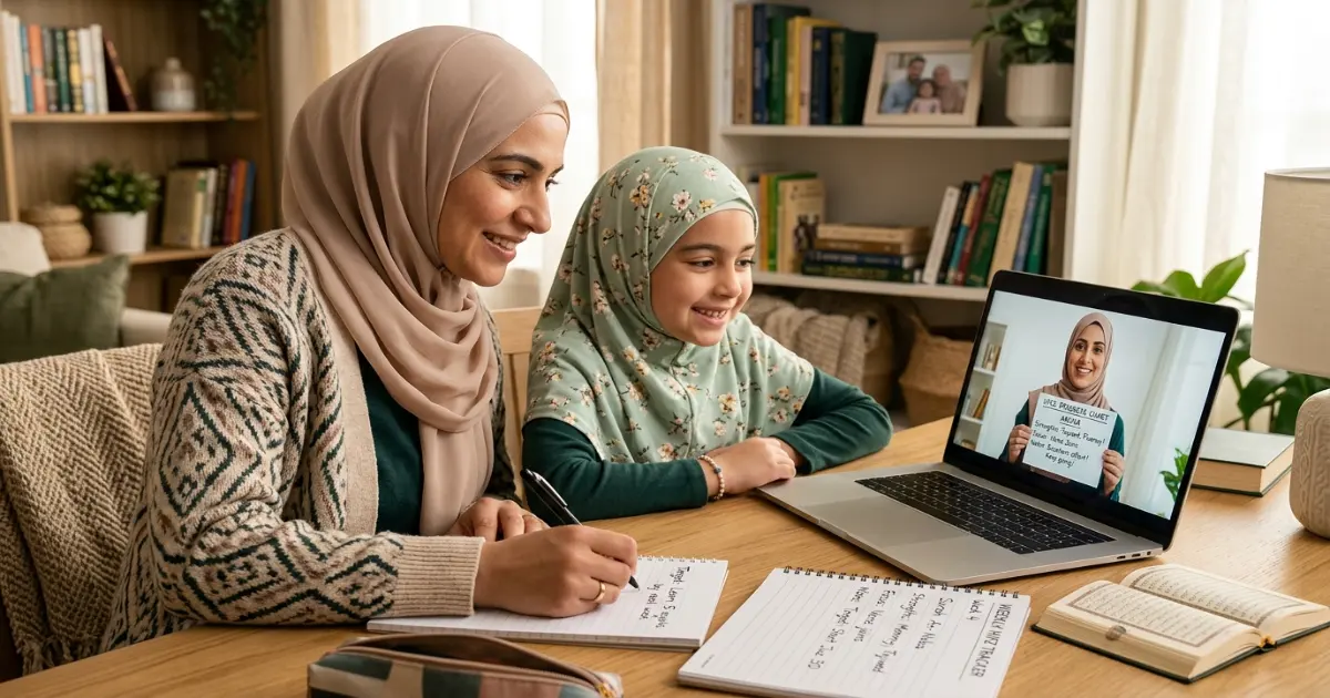 Parent and female Quran teacher reviewing a child weekly Hifz progress school workload and revision plan