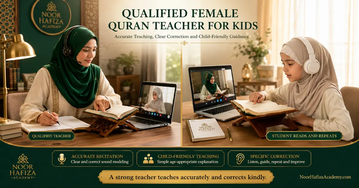 Qualified female Quran teacher demonstrating pronunciation while a Muslim girl reads online