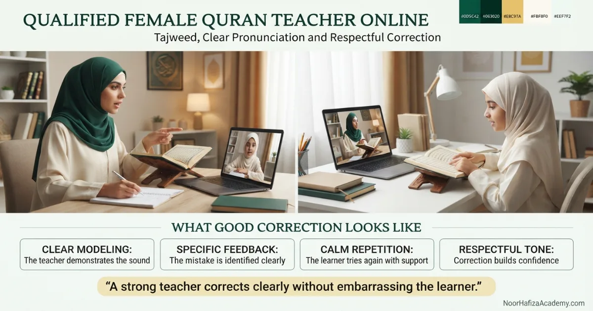 Female Quran teacher online demonstrating Tajweed pronunciation and respectful correction to a Muslim girl