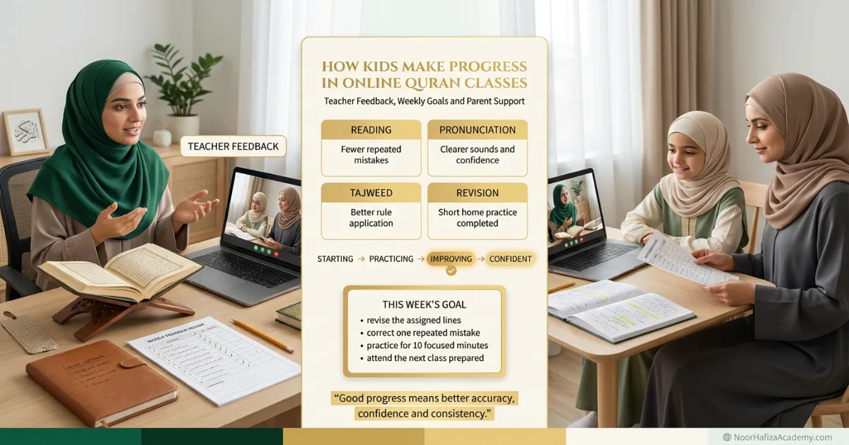 Female Quran teacher giving progress feedback while a Muslim girl and her mother review weekly goals