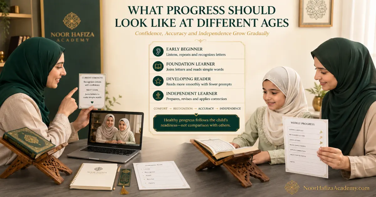Female Quran teacher and Muslim mother reviewing age-appropriate Quran learning progress with a young girl