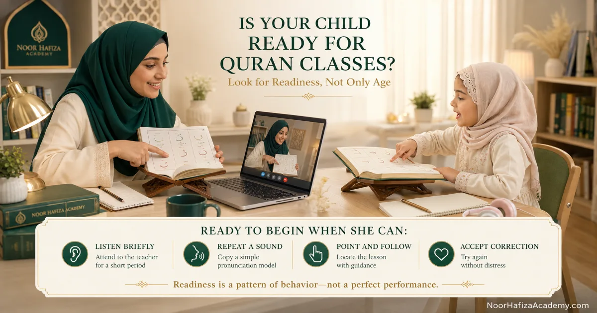 Female Quran teacher checking whether a Muslim girl is ready to listen, repeat, point, and follow a short Quran lesson