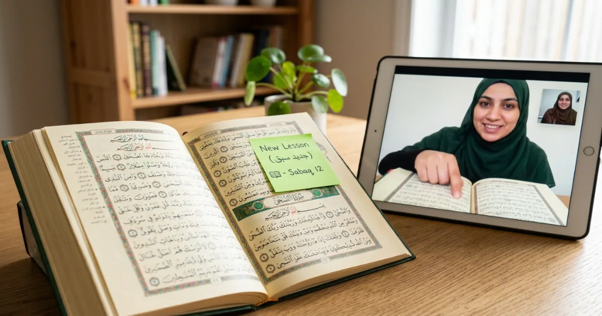 Sabaq meaning shown as a new Quran memorization lesson taught by a female Hifz teacher