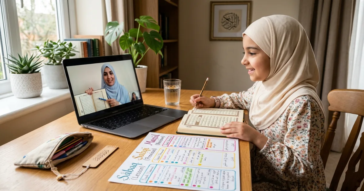 Sabaq Sabqi and Manzil explained with a female Quran teacher guiding a Muslim girl through new memorization recent revision and old revision
