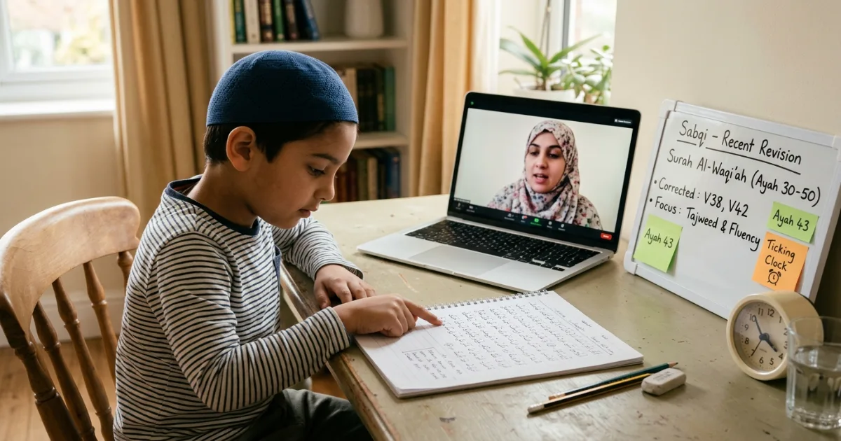 Sabqi meaning shown through revision of recently memorized Quran lessons with live correction