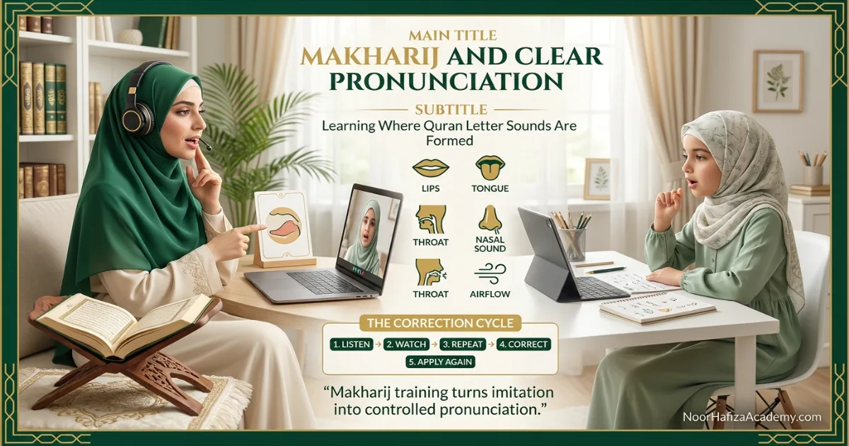What is Tajweed pronunciation practice showing makharij and clear letter articulation with a female Quran teacher