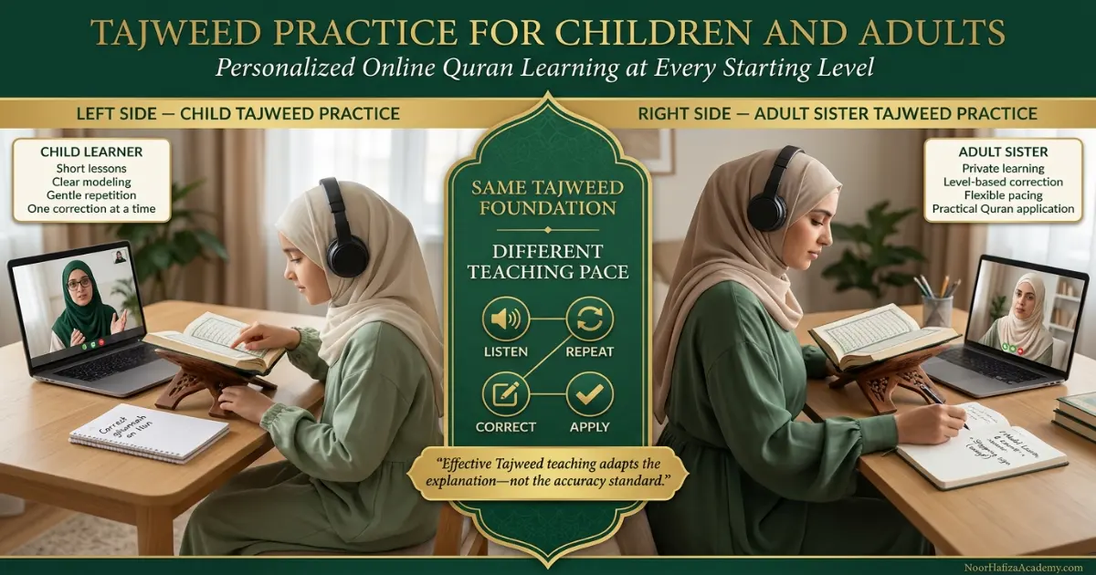 What is Tajweed practice for a Muslim child and adult sister learning online with female Quran teachers