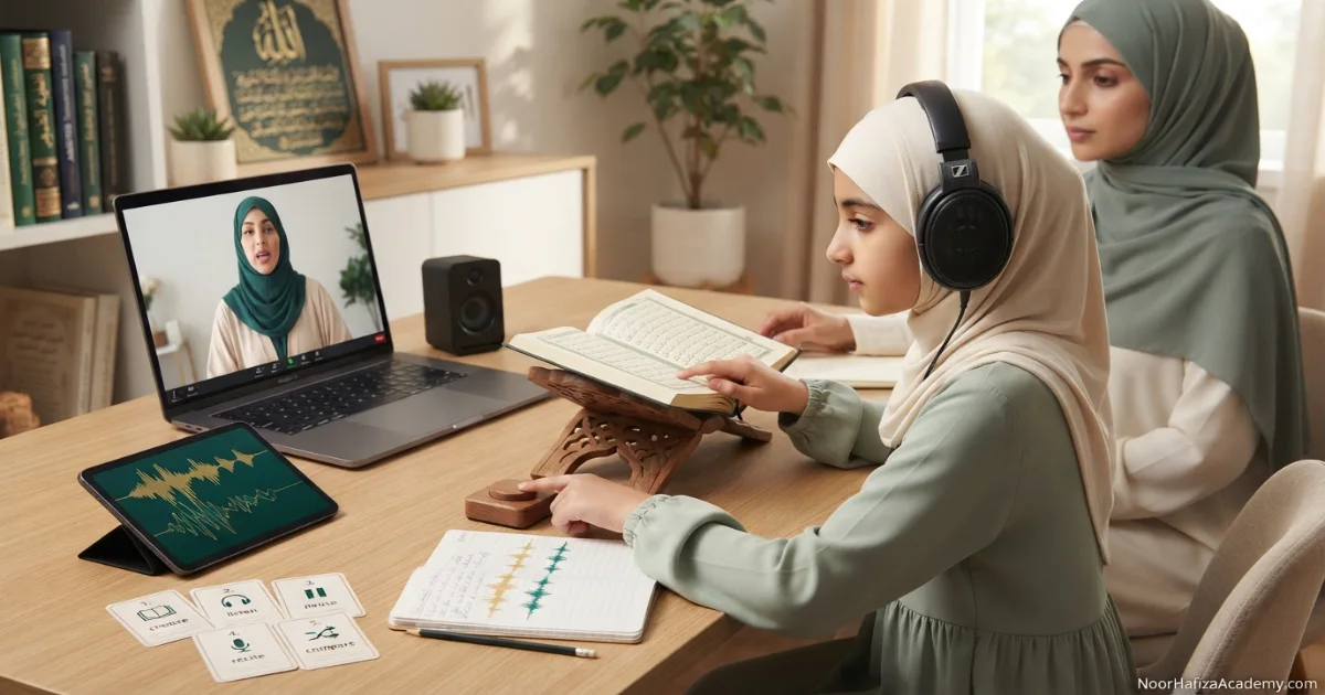 Tajweed and pronunciation practice for improving Quran reading fluency with live correction