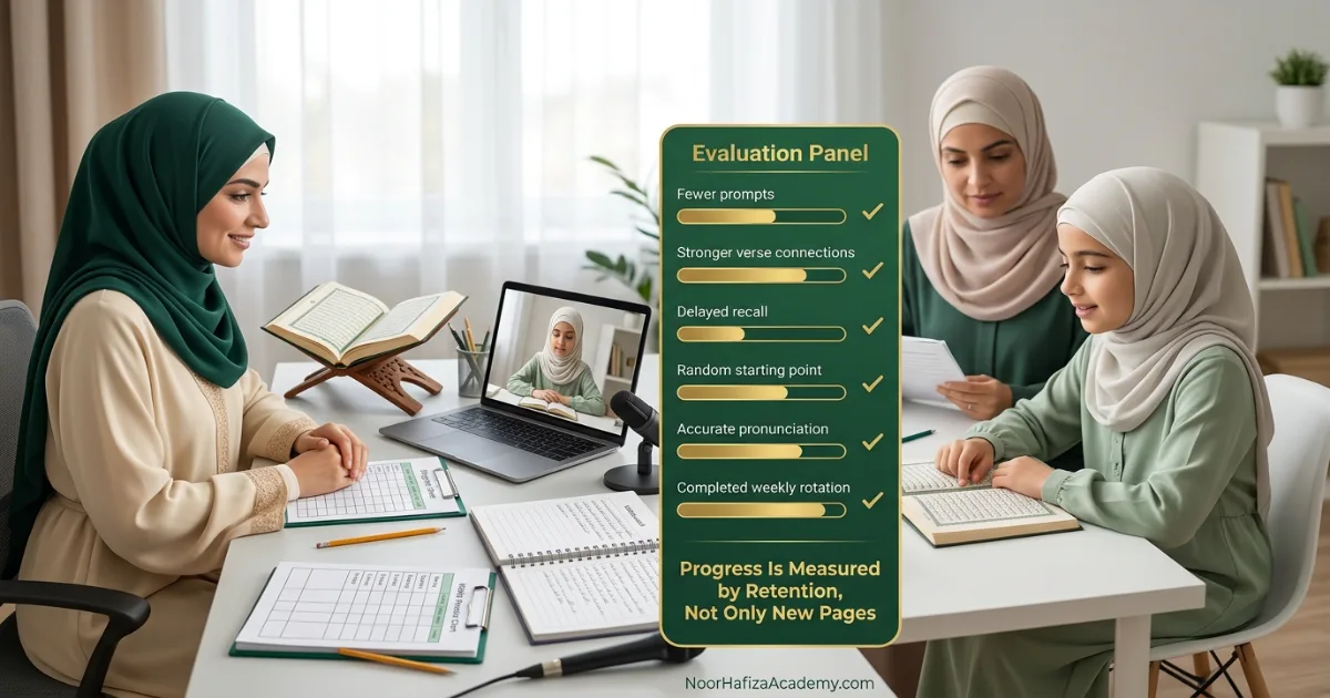 Female Quran teacher reviewing Hifz retention weak passages and revision progress with a Muslim girl