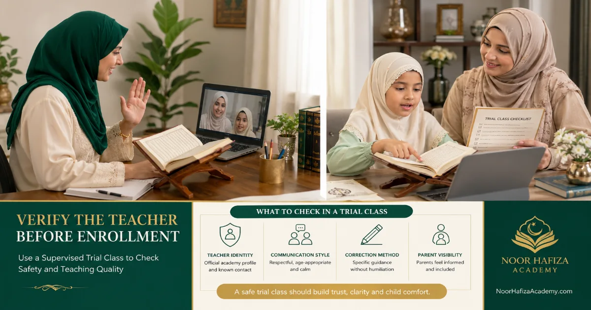 Are online Quran classes safe for children when parents follow a teacher verification, communication, privacy, and supervision checklist