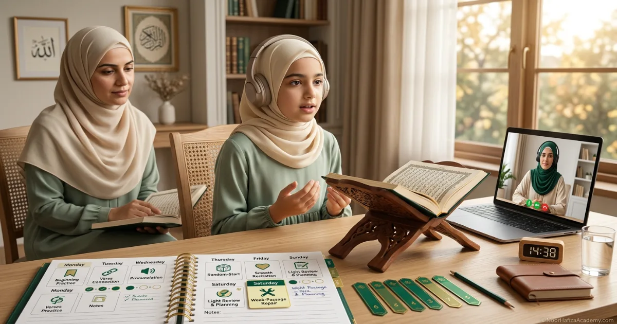 Weekly Hifz revision rotation keeping memorized Surahs strong through planned Quran review