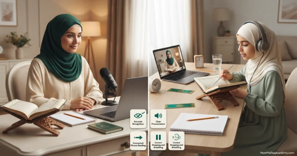 How to improve Quran recitation with a female Quran teacher helping a Muslim girl read more fluently during an online lesson