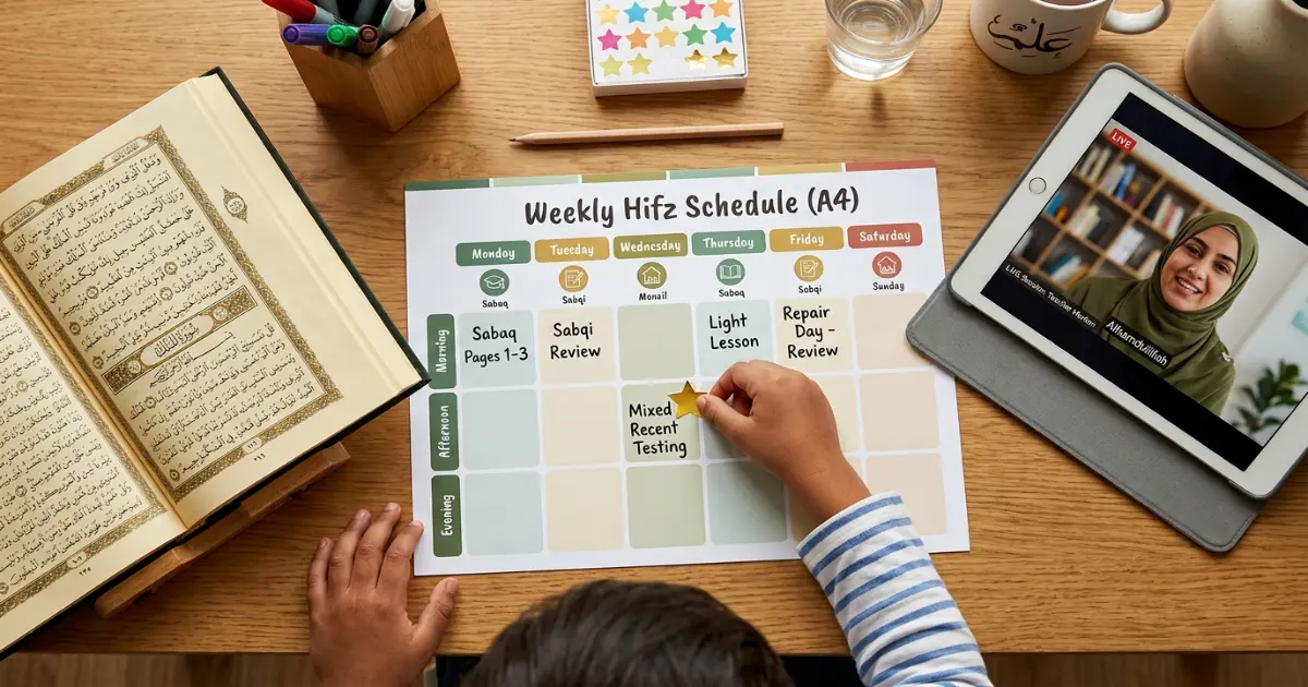 Weekly Sabaq Sabqi and Manzil schedule for children adults and returning Quran students