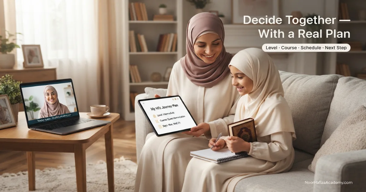 Mother and daughter reviewing a free Quran trial lesson and deciding the next learning step