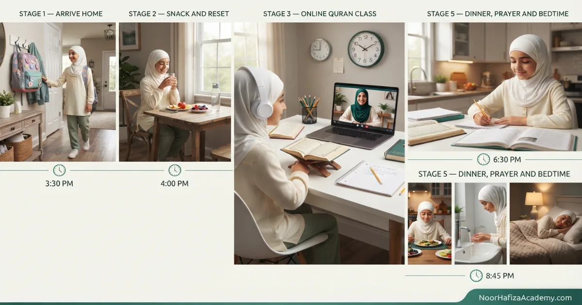 After-school online Quran class schedule for children in the USA with homework dinner and bedtime balance