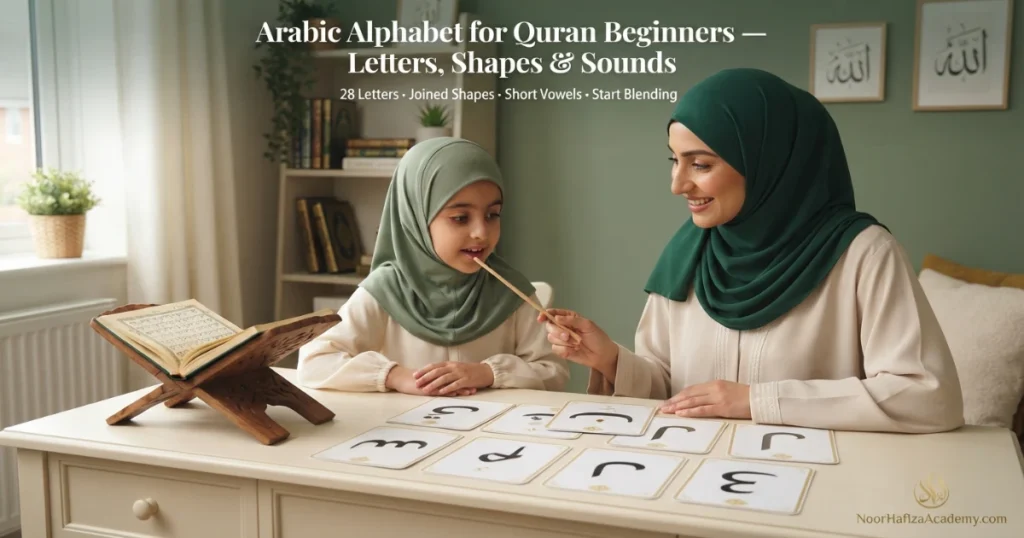 Arabic alphabet for Quran beginners with a female Quran teacher teaching letter shapes and sounds to a Muslim girl
