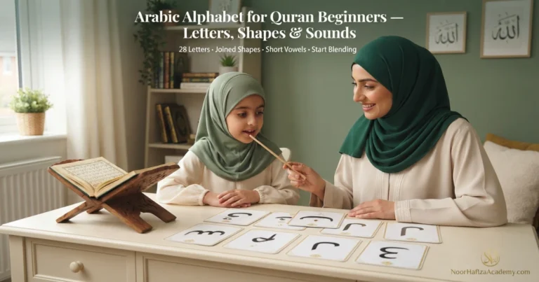 Arabic alphabet for Quran beginners with a female Quran teacher teaching letter shapes and sounds to a Muslim girl
