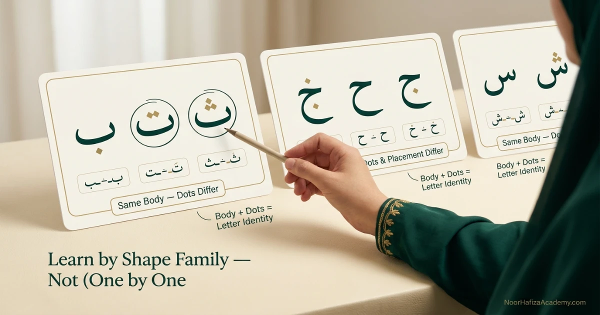 Arabic letter shape families shown in joined Quran reading forms for beginners